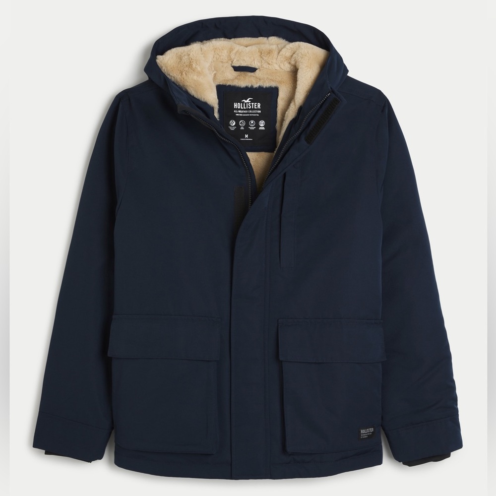 Navy Blue Hooded Hollister Jacket with Beige Faux Fur Lining